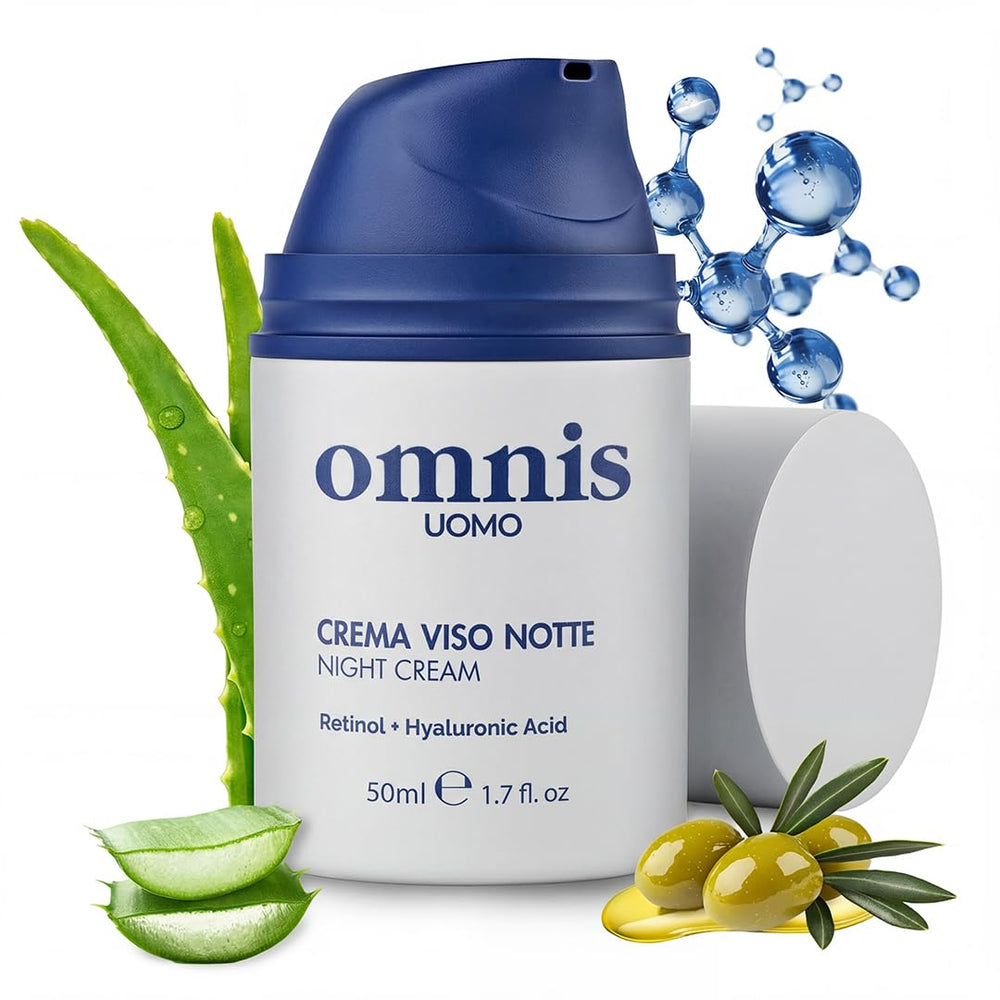Omnis Uomo face cream retinol hyaluronic acid on skin for a refreshed, smoother appearance.