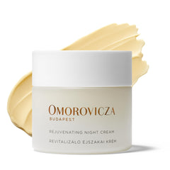 Omorovicza Rejuvenating Night Cream jar closeup shows rich texture for overnight care