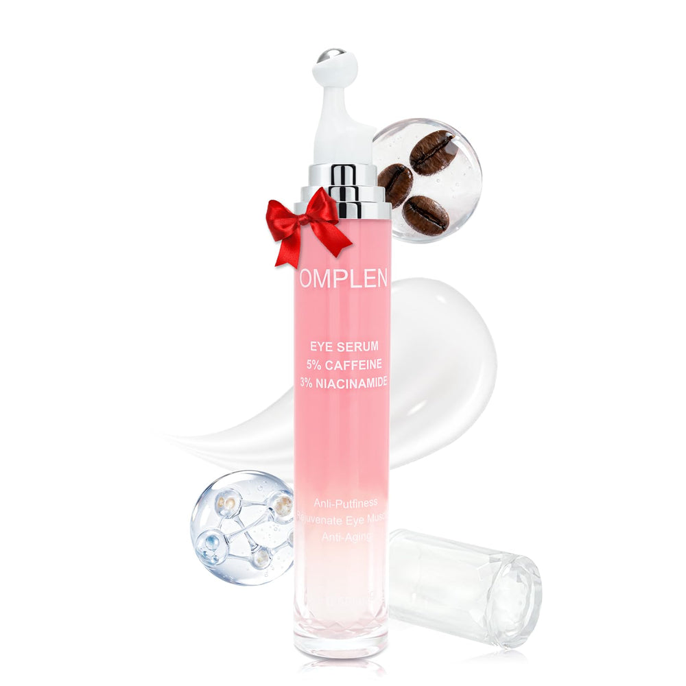Omplen 5% caffeine eye serum rollerball for cooling relief and puffiness reduction.