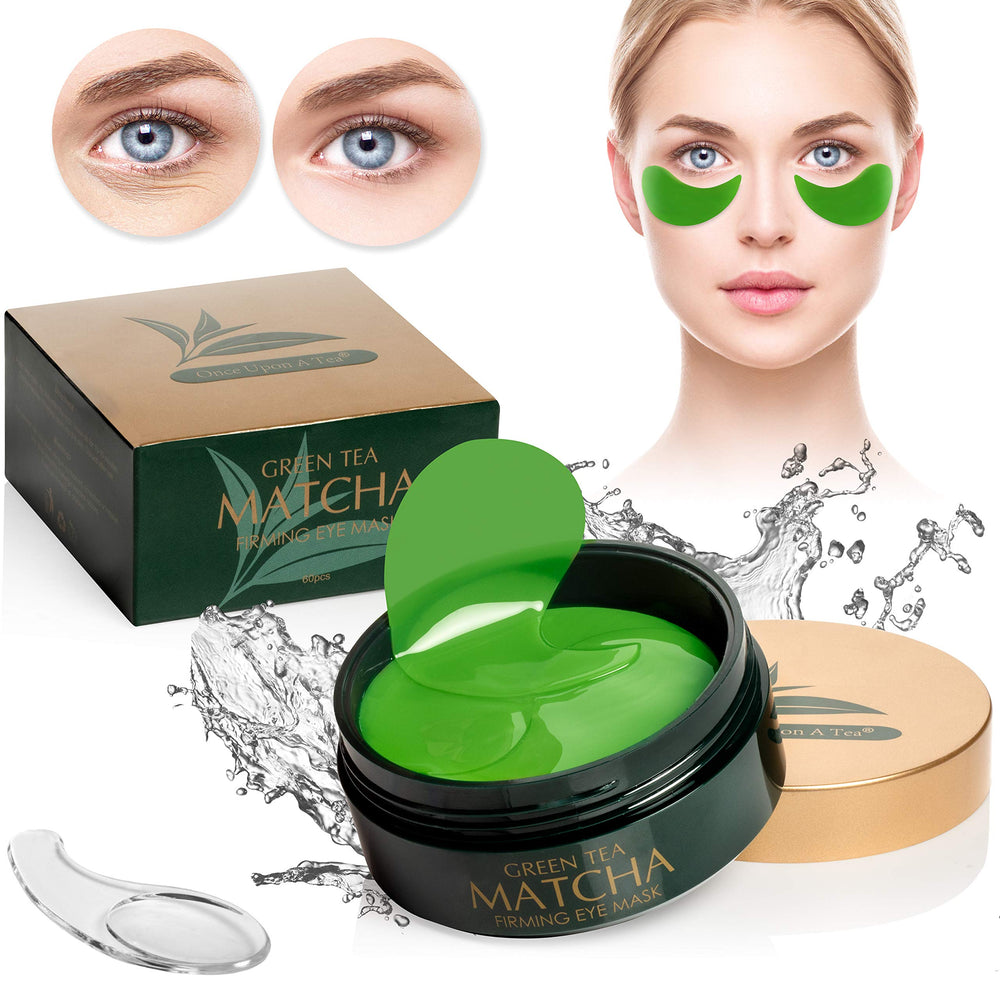Once Upon A Tea green tea eye mask jar with 30 paired patches for daily under-eye care.