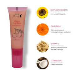 One hundred percent pure coconut oil and vitamin E ingredients highlighted for nourishing lip care.