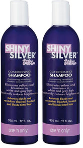 One 'N Only Shiny Silver Purple Shampoo bottle emphasizes argan oil for conditioning and toning
