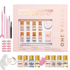 One V Salon brow lamination kit packaging showing at-home professional results.