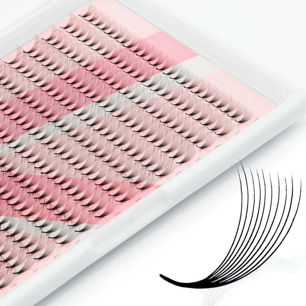 One V Salon premade lash fans 384 count in 9–16mm for rapid fuller sets.