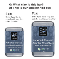 One With Nature activated charcoal soap close-up showing textured bar for detox cleansing.