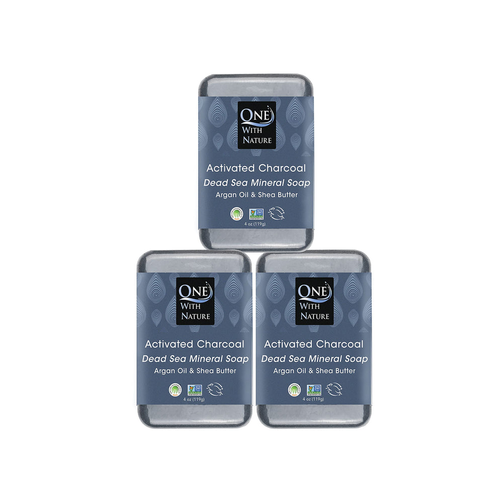 One With Nature charcoal soap packaging display highlighting the 3-pack value.