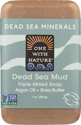 One With Nature Dead Sea Mud Soap bar provides mineral-rich cleansing for refreshed skin.