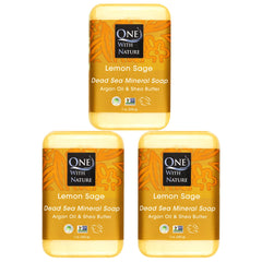One With Nature Dead Sea Salt Lemon Sage Soap bar lathers richly for refreshed skin.