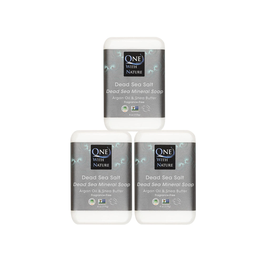 One With Nature Dead Sea Salt Soap 4oz bar unwrap for gentle mineral cleansing on face and body.