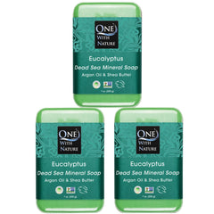 One With Nature eucalyptus soap 3-pack packaging highlights eco-friendly materials for sustainable skincare.