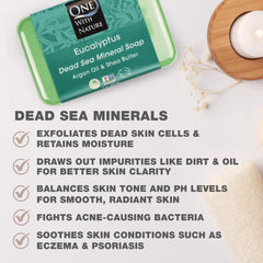 Closeup of One With Nature eucalyptus soap bar emphasizing natural texture and ingredients.