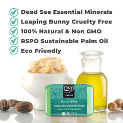 Lather shot of One With Nature eucalyptus soap showing creamy foam for face and body cleansing.