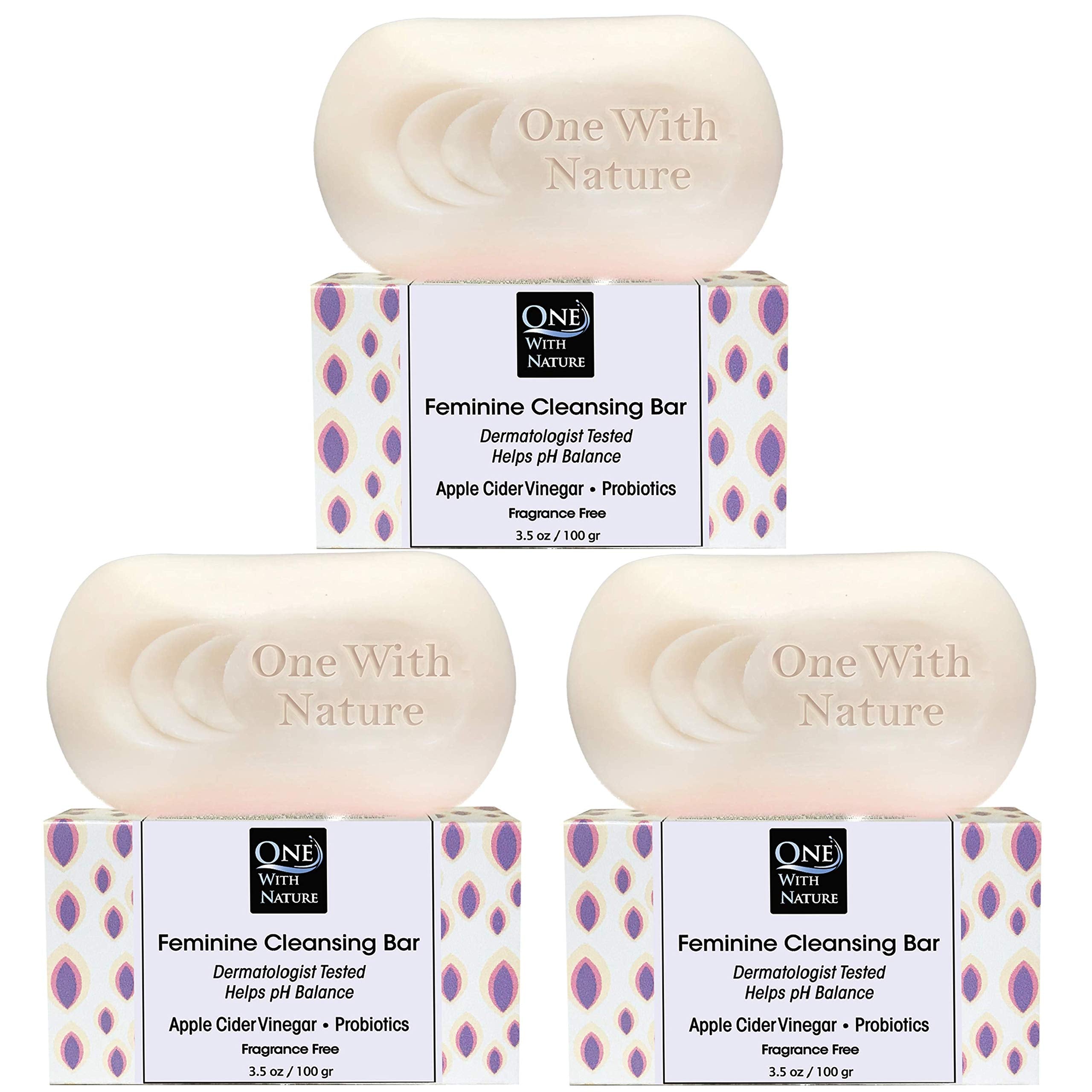 One With Nature front packaging showing three fragrance-free bars and benefits