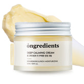 ONGREDIENTS Deep Calming Cream jar close-up showing fragrance-free hydration for sensitive skin.
