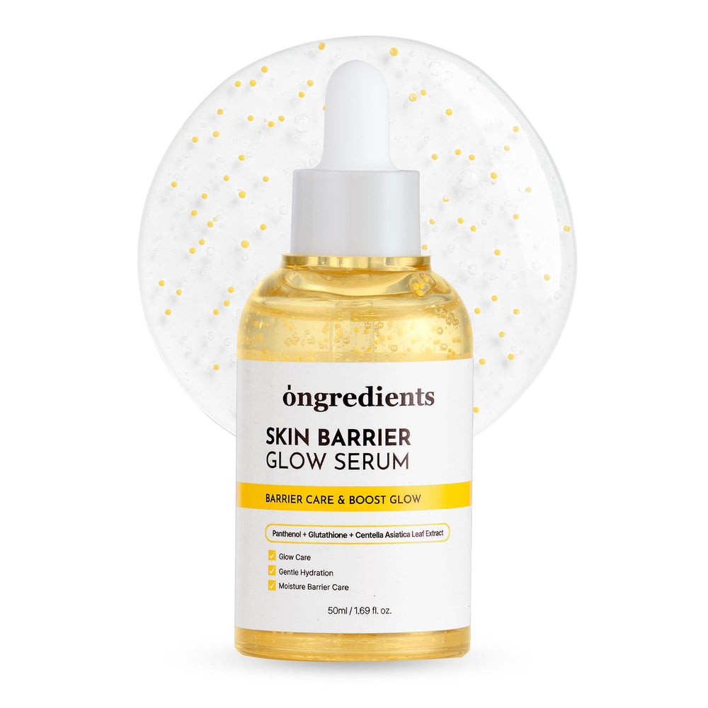 ONGREDIENTS Skin Barrier Glow Serum bottle front reveals glass-skin radiance and even tone