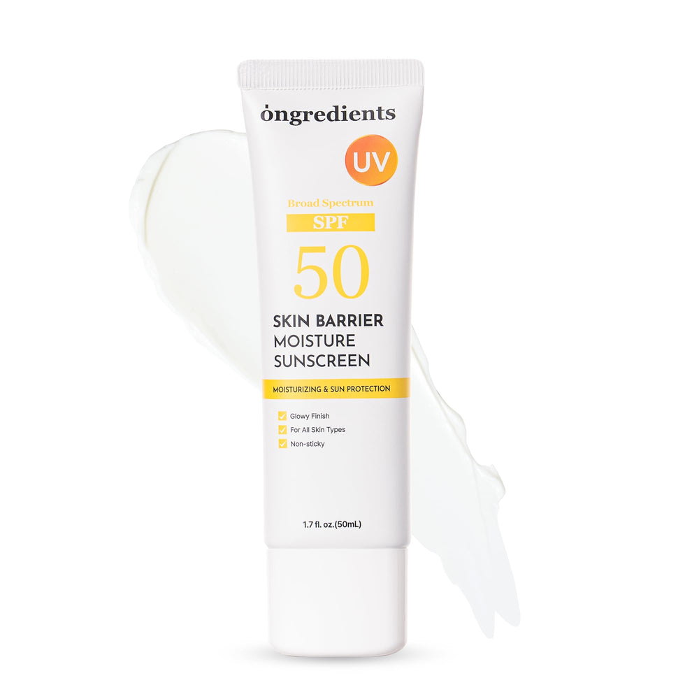 ONGREDIENTS Skin Barrier Moisture Sunscreen bottle shows hydrated protection for daily use