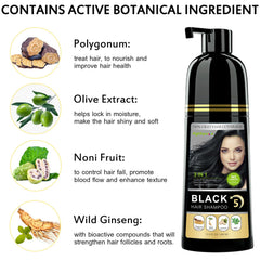 Onilyua Instant Black Hair Shampoo highlights herbal formula for strengthened, glossy hair.