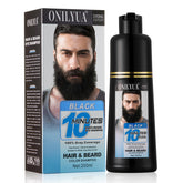 Onilyua 3-in-1 beard dye shampoo bottle close-up for quick gray coverage.