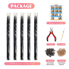 ONROCL hair tinsel kit includes plier and crochet hook for quick application.