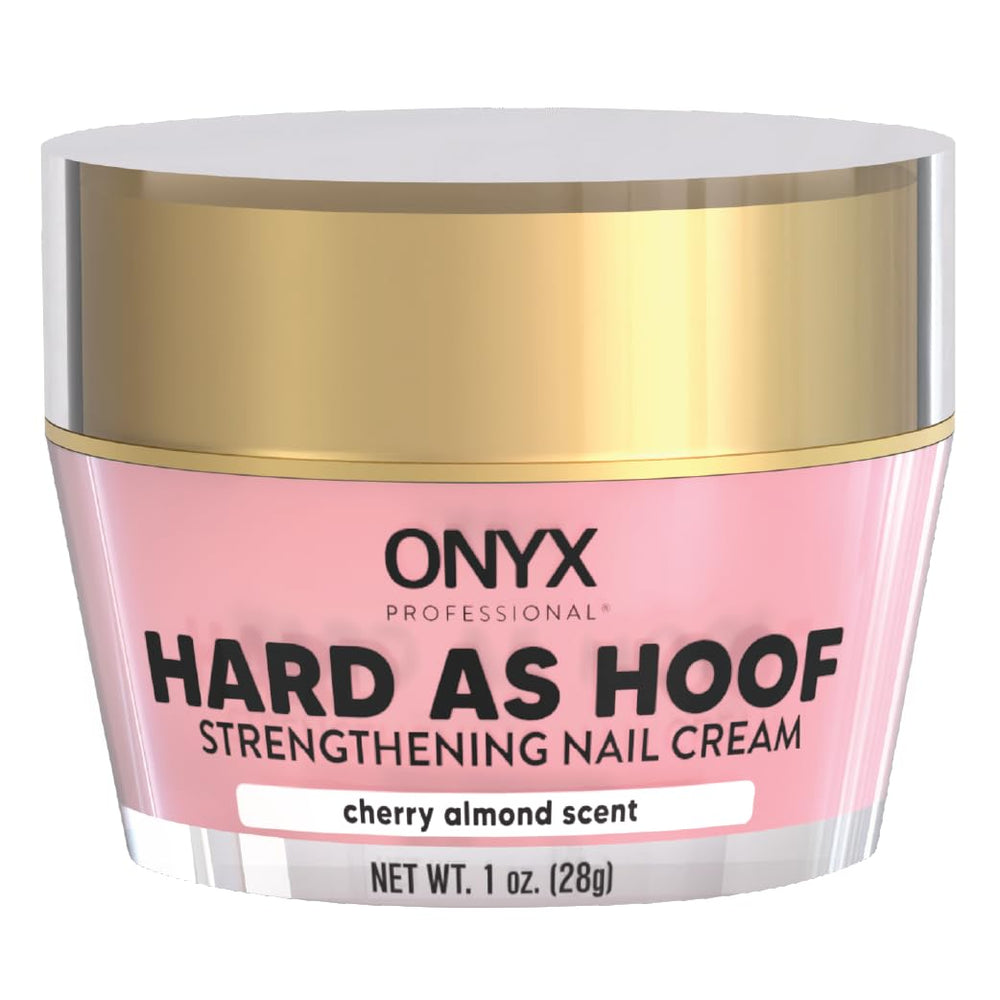 Onyx Professional Hard as Hoof nail cream jar close-up showing rich cherry almond formula for stronger nails.