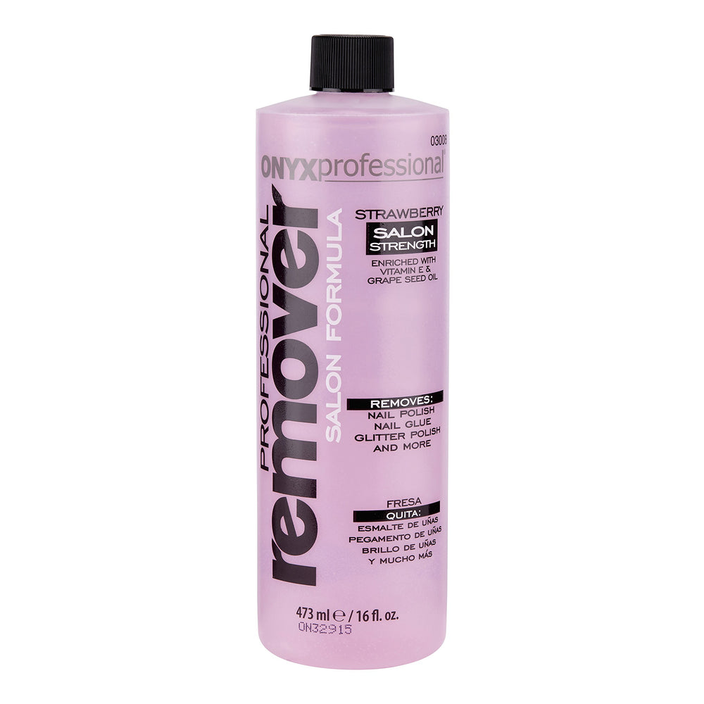 Onyx Professional Strawberry Nail Polish Remover bottle removes polish and conditions nails.