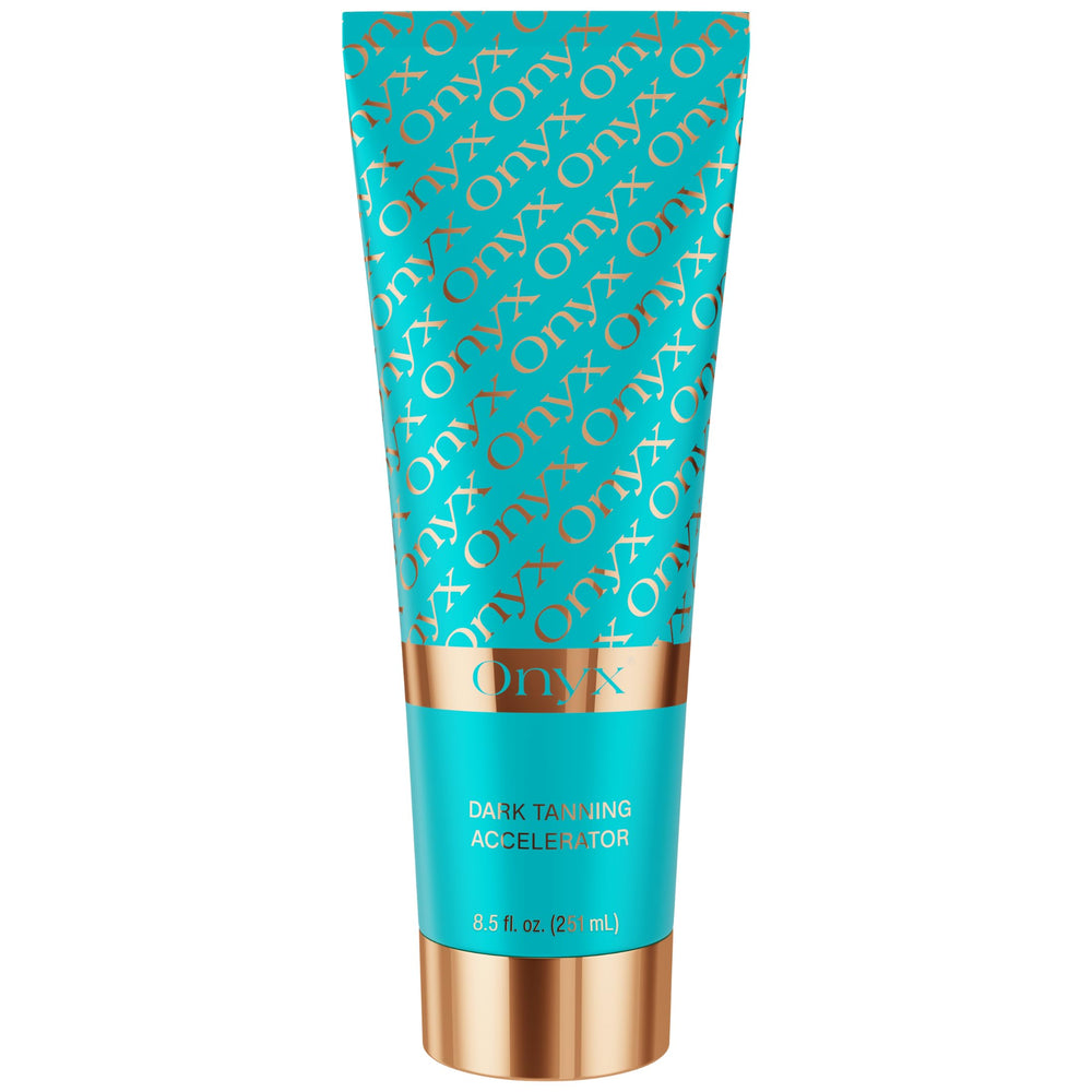 Onyx Strongest tanning accelerator bottle boosts melanin for a deeper, more even tan.