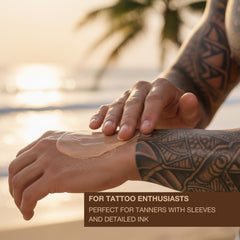 Onyx Tattoo Safe Tanning Lotion applied on hand for smooth absorption.