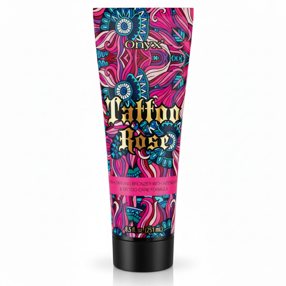 Onyx Tattoo Safe Tanning Lotion bottle demonstrates hydrating formula for indoor tanning.