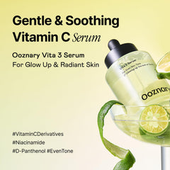 Label highlights Vitamin C derivatives for gentle brightening on OOZNARY Vita 3 Serum