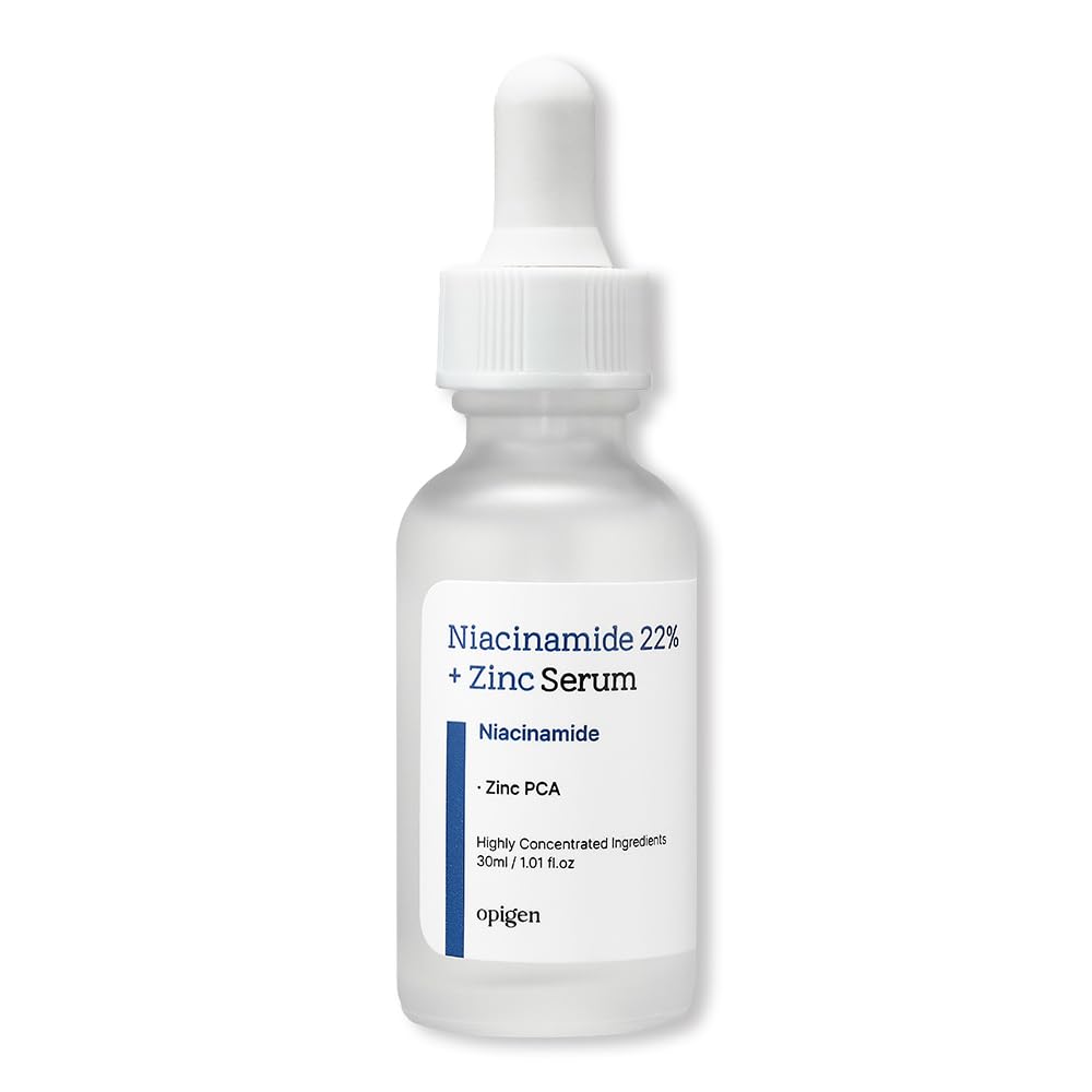 Opigen Niacinamide 22% + Zinc serum bottle pour demonstrates quick absorption and pore-minimizing benefits.