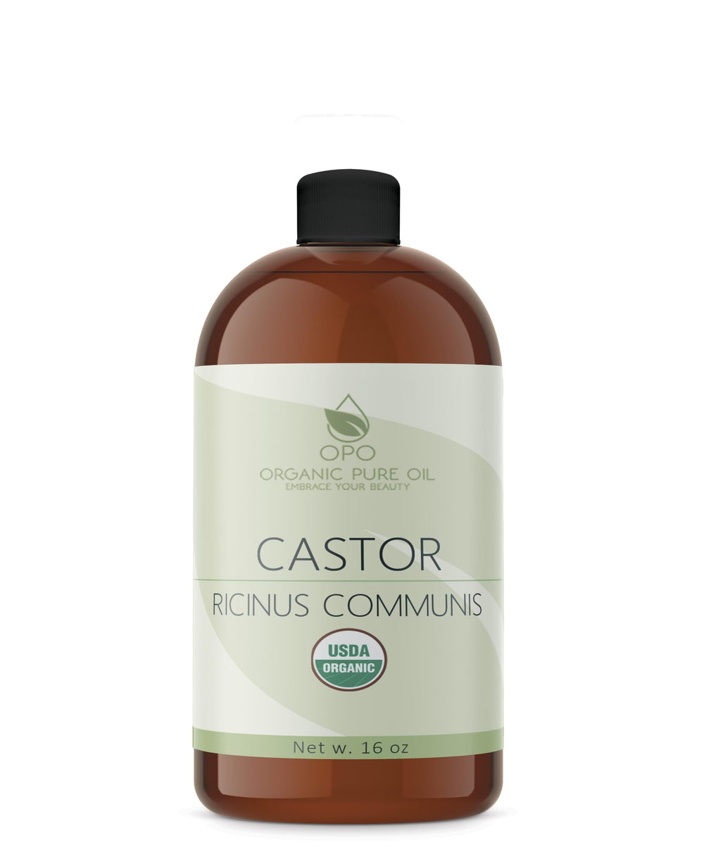 OPO Organic Castor Oil bottle front shows pure, odorless oil for daily skin care.