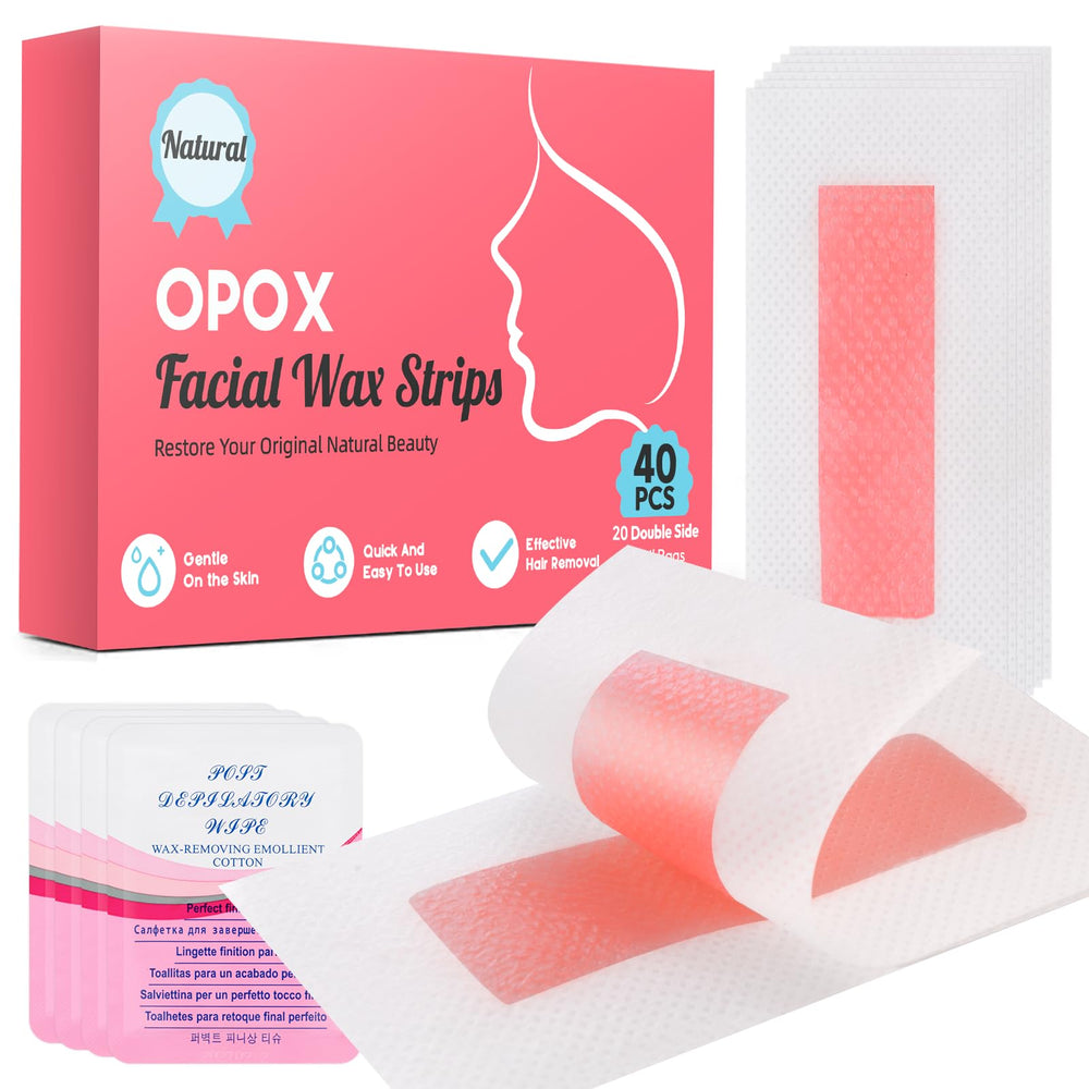 OPOX 40-count facial wax strips packaging shown for home use