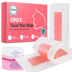 OPOX facial wax strips pack close-up for at-home hair removal.