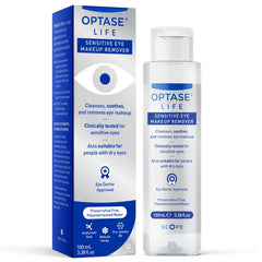 Optase Life bottle demonstrates rinse-free makeup removal for sensitive eyes.