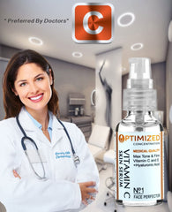 OPTIMIZED vitamin C serum texture close-up shows silky, fast-absorbing formula.