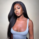 OQ Hair V Part Wig kinky straight close-up shows natural texture and shine.