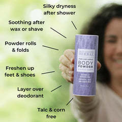 Ora's Amazing Herbal Blissful Earth powder jar view showing talc-free formula.
