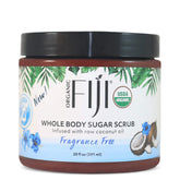 Organic Fiji Whole Body Scrub bottle with coconut oil for gentle exfoliation and hydration.