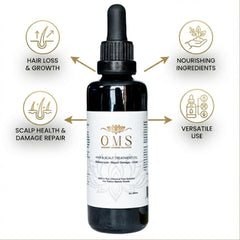 ORGANIC MODERN SOLUTION OMS pre-shampoo oil bottle pour shows easy root-to-tip nourishment