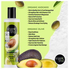 Organic Shop Avocado Repairing Shampoo avocado-oil ingredient close-up highlights moisture