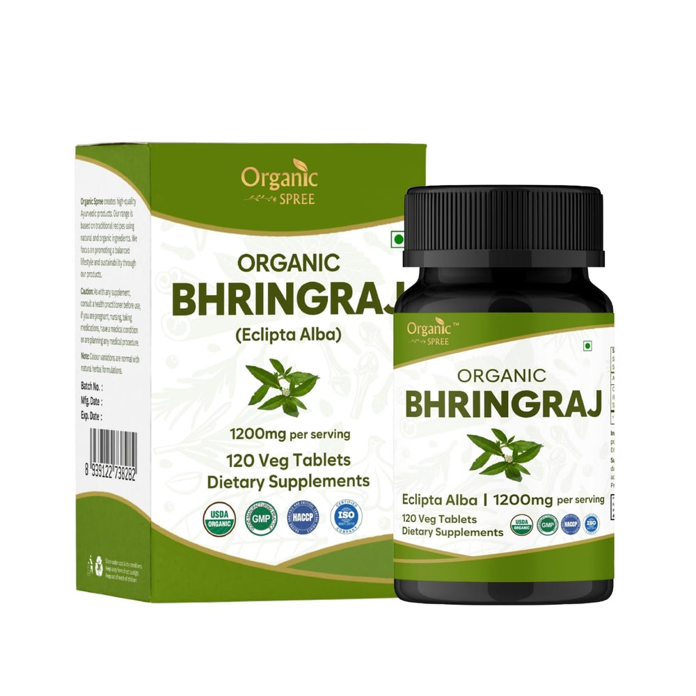 Organic Spree Bhringraj bottle with organic label supports natural hair care.
