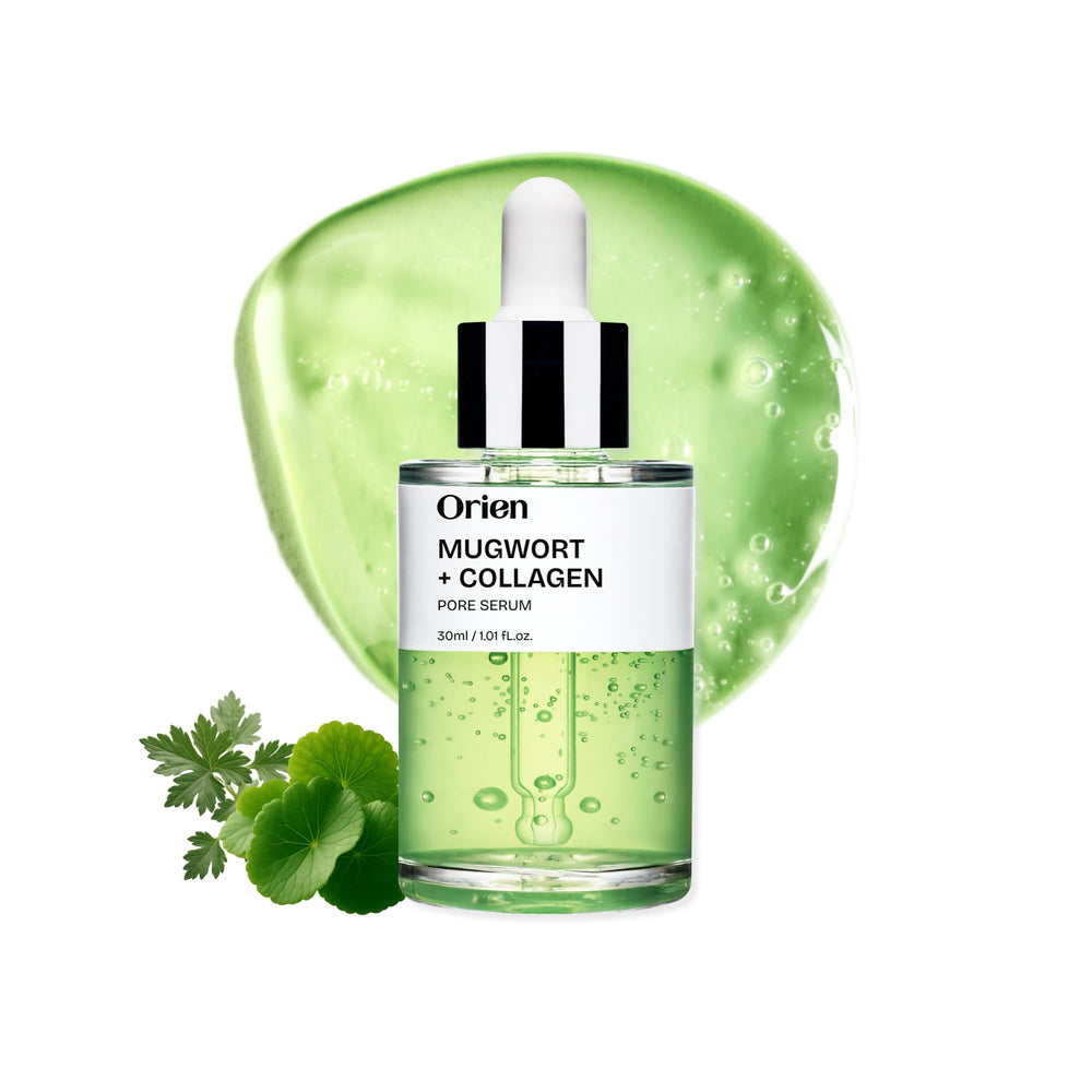 Orien Mugwort Collagen Pore Serum bottle demonstrates daily hydration for calm skin.