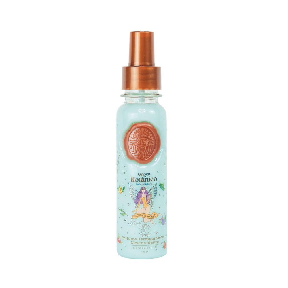 Origen Botánico hair perfume termoprotector bottle with jasmine-vanilla scent for all-day refreshment