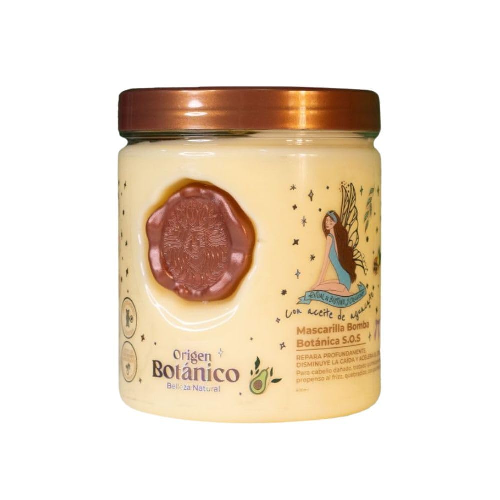 Origen Botanico S.O.S. Mask jar closeup, deeply nourishing formula for damaged hair.