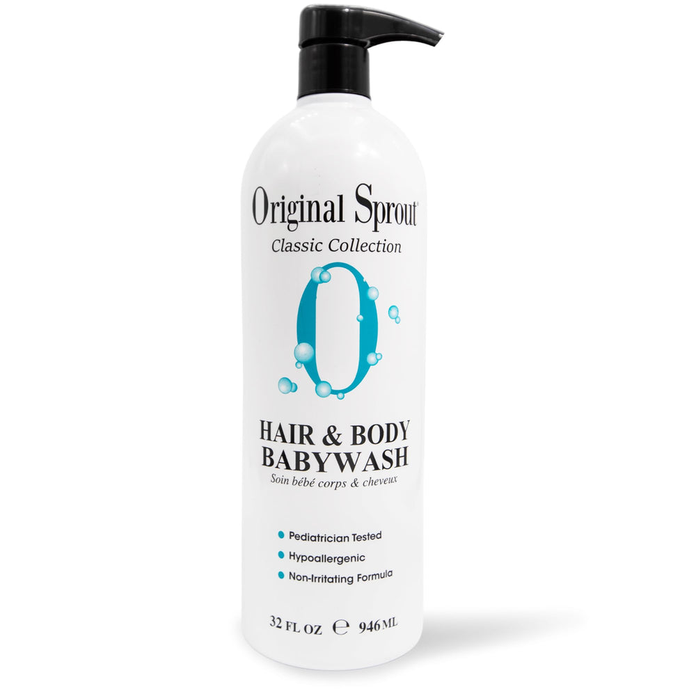 Original Sprout baby shampoo and body wash label front, gentle cleansing for sensitive skin