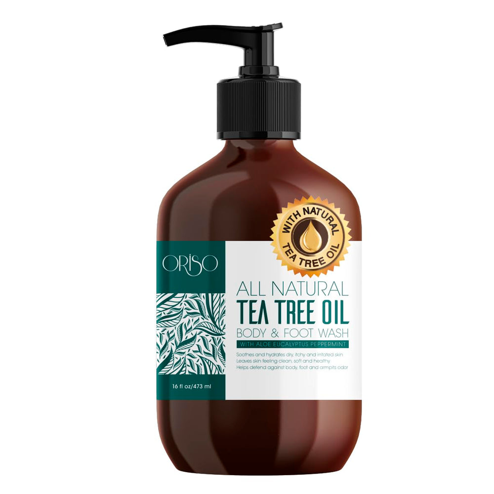 ORISO Tea Tree Oil Body Wash bottle showing sulfate-free formula with moisturizing aloe for daily care.