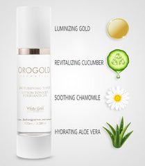 Orogold White Gold 24K Purifying Toner being poured to show gentle cleansing and even application.