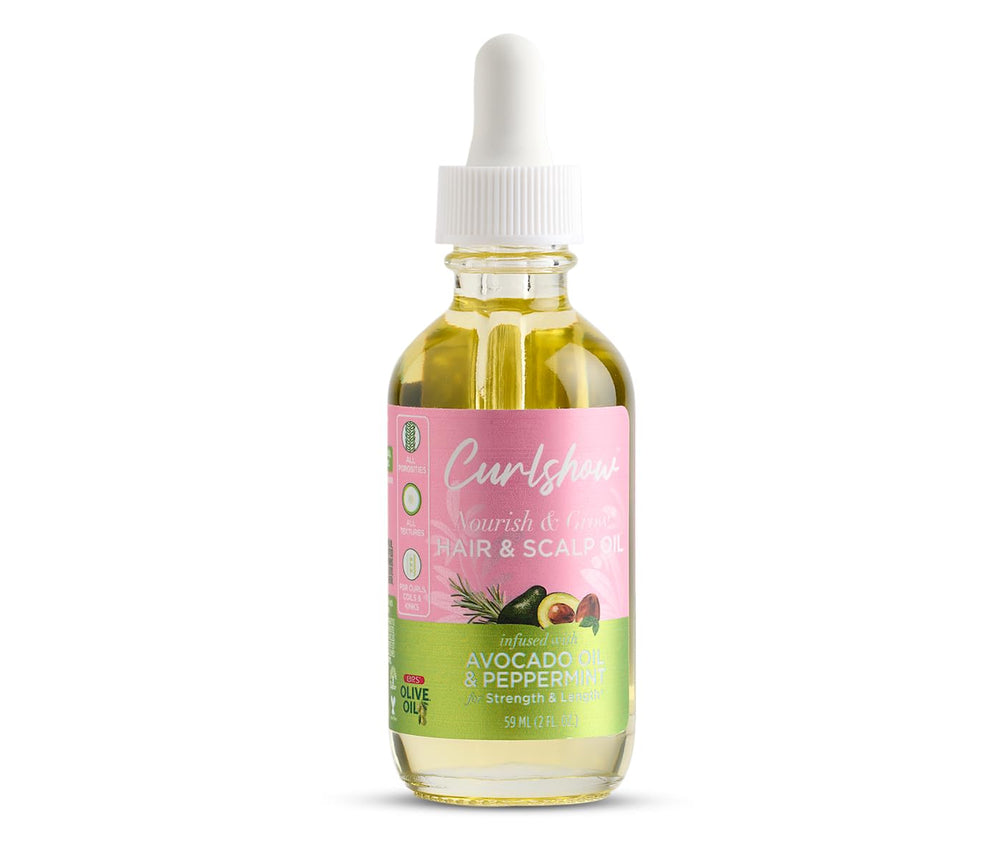 ORS Curlshow avocado peppermint oil bottle displaying nourishing scalp care and curl vitality