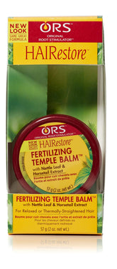 ORS HAIRestore Fertilizing Temple Balm label close-up highlighting nettle and horsetail formula.