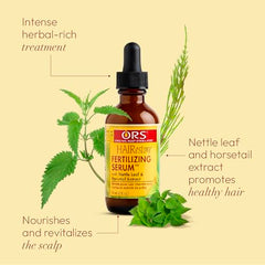 Close-up of ORS HAIRestore label highlighting nettle and horsetail benefits.